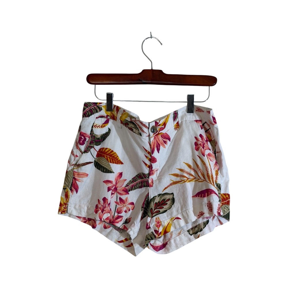 Old Navy Everyday Short Womens 8 White Floral‎ Mid Rise Linen Blend Tropical